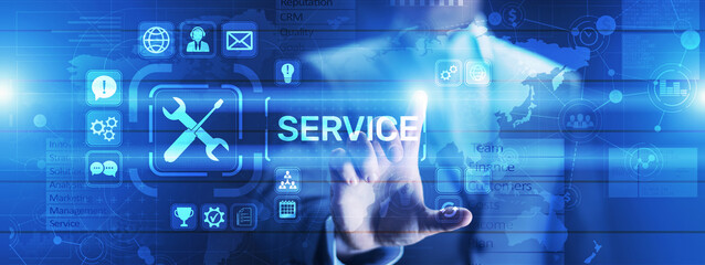 Service support customer help call center Business technology button on virtual screen.