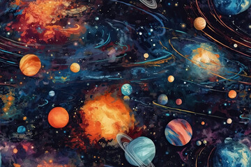Obraz na płótnie Canvas seamless background pattern with cosmos, stars, planets. Generative AI illustration