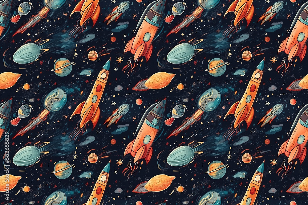Canvas Prints seamless background pattern with space, stars, planets, rockets. generative ai illustration
