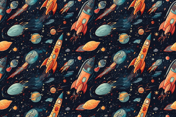 seamless background pattern with space, stars, planets, rockets. Generative AI illustration