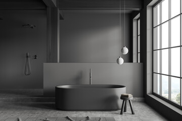 Fototapeta na wymiar Grey bathroom interior with bathtub and douche on podium, panoramic window