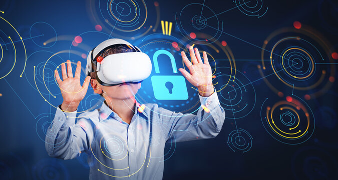 Child in vr headset with glowing lock icon circuit, cybersecurit