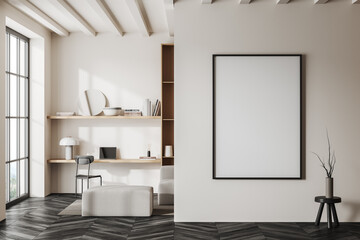 Light office room interior with desk and laptop, shelf and window. Mockup frame