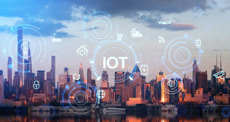 Naklejka na ściany i meble New York cityscape, IOT with glowing icons and business technology