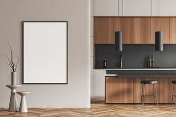 Stylish kitchen interior with bar island and cooking area. Mockup frame
