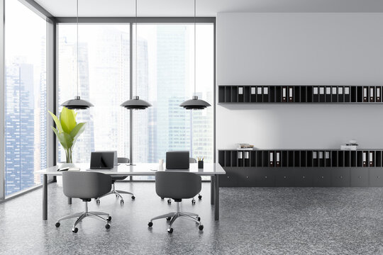 White panoramic open space office interior