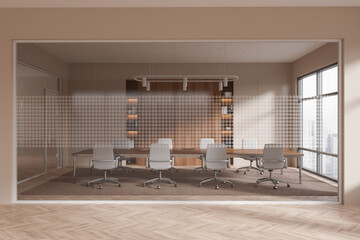 Beige office room interior with board and armchairs, panoramic window