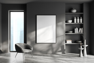 Grey living room interior shelf and armchair near window, mockup frame