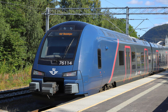 Lundamo, Norway - September 2, 2022: Commuter train type 76 operated by SJ Nord at the Lundamo railroad station.