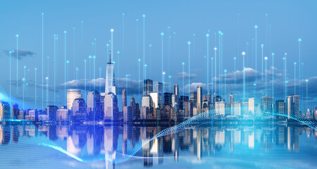 Smart city inerface with arrows over New York Skyline Mirrored