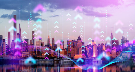 Network and arrows hologram in New York city