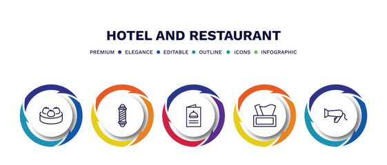 set of hotel and restaurant thin line icons. hotel and restaurant outline icons with infographic template. linear icons such as dim sum, barbershop, menu, napkins, hairdryer vector.