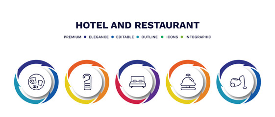 set of hotel and restaurant thin line icons. hotel and restaurant outline icons with infographic template. linear icons such as breakfast, door hanger, double bed, reception bell, vacuum cleaner