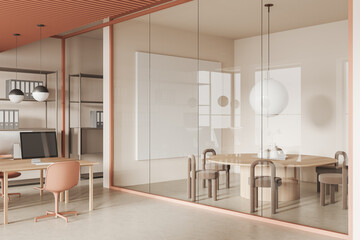 Beige office room interior with coworking and conference area, mockup frame