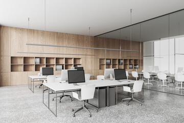 Stylish business room interior with workspace and conference corner