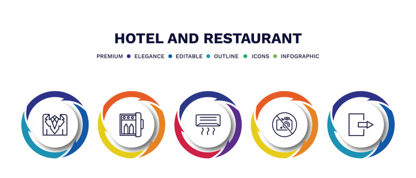 set of hotel and restaurant thin line icons. hotel and restaurant outline icons with infographic template. linear icons such as suits, minibar, air conditioner, no pictures, check out vector.