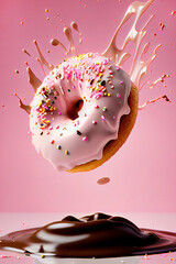 Generative AI Background illustration of Donuts floating with topping, strawberries and chocolate exploding with colored backgrounds