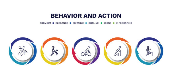 set of behavior and action thin line icons. behavior and action outline icons with infographic template. linear icons such as man falling, engineer working, man cycling, old man walking, climbing