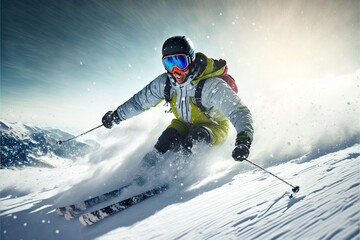 Real professional snowboarder rides at off-piste ski slope. Winter sports concept. Generative AI - obrazy, fototapety, plakaty