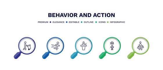 set of behavior and action thin line icons. behavior and action outline icons with infographic template. linear icons such as carry garbage, man running, stick man speech, man showering, shopper