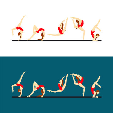 Set of gymnast poses. Young girl making an exercise for a gymnastics. Acrobatic poses. Isolated vector illustration of acrobatics on white background