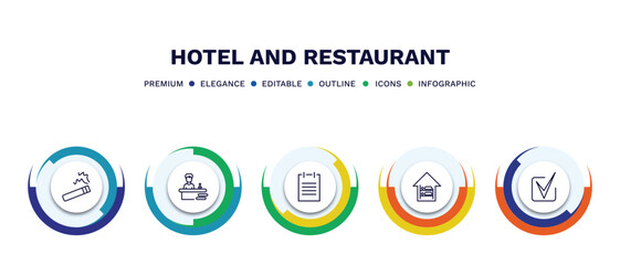 set of hotel and restaurant thin line icons. hotel and restaurant outline icons with infographic template. linear icons such as smoking, receptionist, agenda, hostel, check in vector.