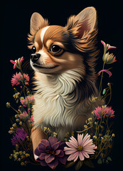 Chihuahua Dog with beautiful flowers, vector style illustration