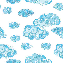 Fairytale Weather Forecast Seamless Pattern. Endless Texture with Cloudy Sky. Fantasy Cartoon Design on White Background. Vector Contour Illustration. Abstract Art