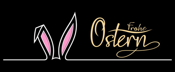 Osterhasen Ohren Vektor mit Frohe Ostern.
Oster Dekoration in weiß, pink, gold und schwarz. Gruß in deutsch.
Hintergrund Schwarz.
Für Hintergründe, Kalender, Einladungen, Grußkarten etc.