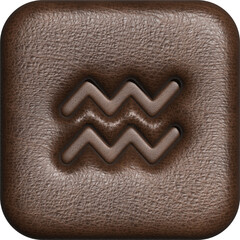 Aquarius. Three-dimensional square button of the zodiac sign. Three-dimensional impression of the symbol on brown skin. Isolate. 3D render.
