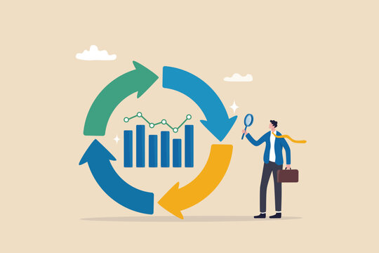 Economic cycle to study up and down on stock market, booming or recession, business cycle for marketing, statistic or data analysis concept, businessman with magnifier on economic cycle diagram.