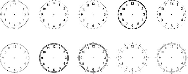 Mechanical clock faces with arabic numerals, bezel. Timer or stopwatch element. Vector illustration
