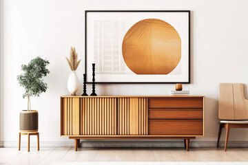 Interior of modern living room with dark sideboard over white wall with wooden paneling. Contemporary room with dresser. Home design with poster - Generative AI