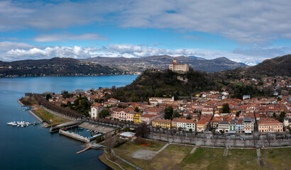 Fototapeta na wymiar view of Angera and the Borromeo Castle on the shores of Lake Maggiore