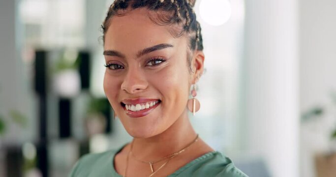 Face, happy and laughing business woman in office, confident and empowered against blurred background. Portrait, smile and lady leader excited for startup, company and career goal or positive mindset