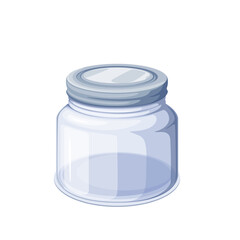 Glass jar with screw cap vector illustration. Cartoon isolated glass bottle with metal silver lid, closed container for food preserves and jam, honey and pickles round packagings, empty kitchenware