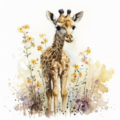 Papier peint photo intissé Watercolor painting of a cute baby giraffe on a blooming meadow. generative ai. Baby giraffe. Aquarelle illustration