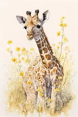 Wall murals Watercolor painting of a cute baby giraffe on a blooming meadow. generative ai. Baby giraffe. Aquarelle illustration