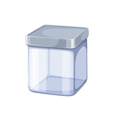 Glass jar vector illustration. Cartoon isolated empty kitchen box for food storage, glass transparent zero waste closed container with lid, eco reusable lunchbox of square shape for vegan lifestyle