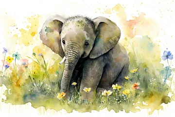 Wall murals Watercolor painting of a cute baby elephant on a blooming meadow. generative ai. Baby elephant. Aquarelle illustration
