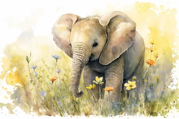 Wall murals Watercolor painting of a cute baby elephant on a blooming meadow. generative ai. Baby elephant. Aquarelle illustration