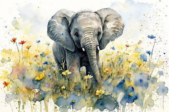 Watercolor painting of a cute baby elephant on a blooming meadow. generative ai. Baby elephant. Aquarelle illustration