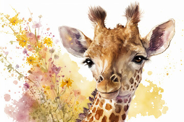Poster Watercolor painting of a cute baby giraffe on a blooming meadow. generative ai. Baby giraffe. Aquarelle illustration