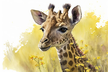 Watercolor painting of a cute baby giraffe on a blooming meadow. generative ai. Baby giraffe. Aquarelle illustration - obrazy, fototapety, plakaty