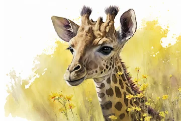 Wall murals Watercolor painting of a cute baby giraffe on a blooming meadow. generative ai. Baby giraffe. Aquarelle illustration
