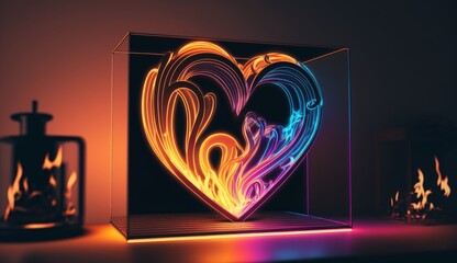 Arte de lineas - Corazón en llamas - Neón - IA Generativa