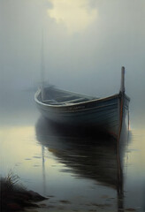 Landscape early morning with a boat and very heavy fog. Generative AI