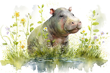 Watercolor painting of a cute baby hippo on a blooming meadow. Baby hippo. generative ai. Aquarelle illustration - obrazy, fototapety, plakaty
