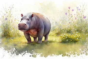 Poster Watercolor painting of a cute baby hippo on a blooming meadow. Baby hippo. generative ai. Aquarelle illustration