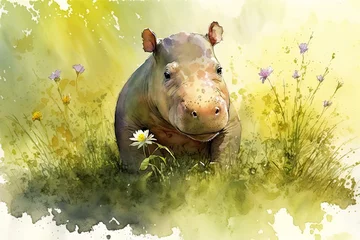 Fotobehang Waterverf safari dieren Watercolor painting of a cute baby hippo on a blooming meadow. Baby hippo. generative ai. Aquarelle illustration  © Aquir